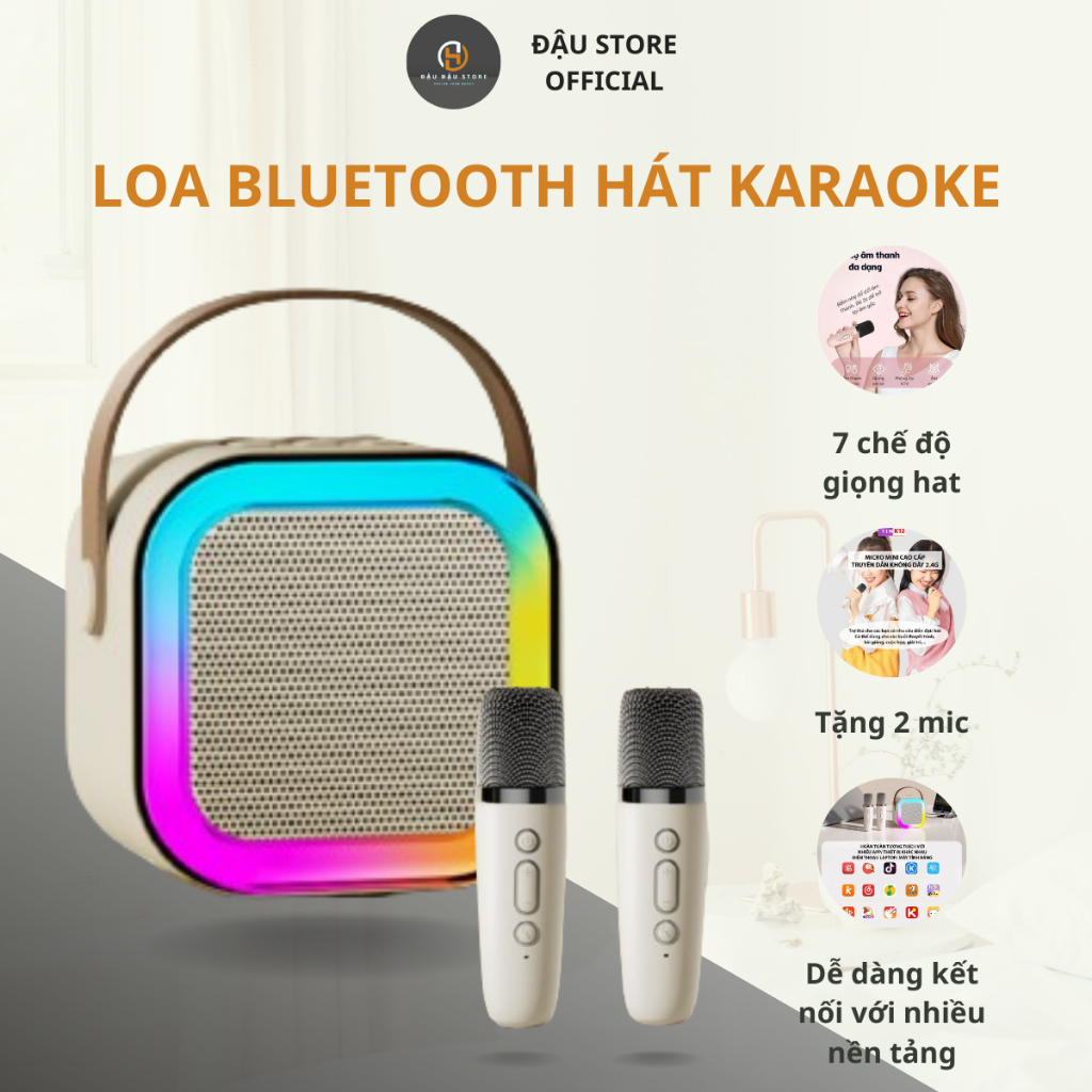 [TẶNG KÈM 2 MIC] Loa Bluetooth Mini Hát Karaoke Sạc Pin Không Dây Có Đèn LED Quanh Viên Âm Thanh BASS Chuẩn Căng Đét