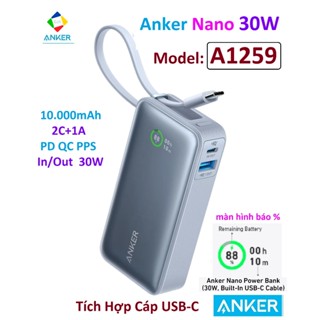Pin Sạc Dự Phòng Anker Nano 10000mAh A1259 30W | Tích Hợp Cáp USB-C Sạc Nhanh IN/OUT | PD QC PPS