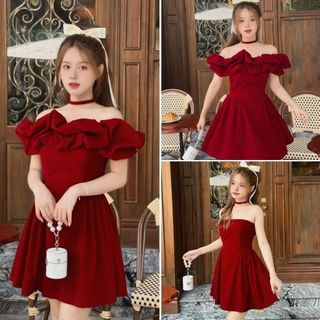 Váy nhung trễ vai diện tiệc đầm nhung đỏ mặc 2 kiểu cúp ngực trễ vai siêu xinh V312 LOZADO