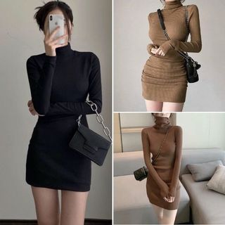 Váy body cổ lọ dài tay đầm ôm body vải thun len tăm co giãn váy len nữ dáng ôm sexy cổ cao ấm áp V891 LOZADO