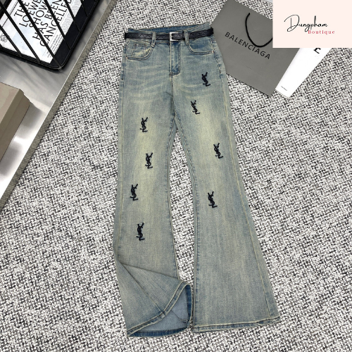 Quần jeans loe bò mài thêu Ysl kèm đai hàng QCL1 - Dungpham