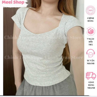 Áo kiểu nữ ngắn tay cổ vuông ôm body Meei Shop, Áo thun trơn cúp cổ vuông ôm gọn nhiều màu chất thun co giãn -A417-