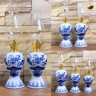 Đèn dầu an phu sen men lam hoa sen bát tràng cao cấp