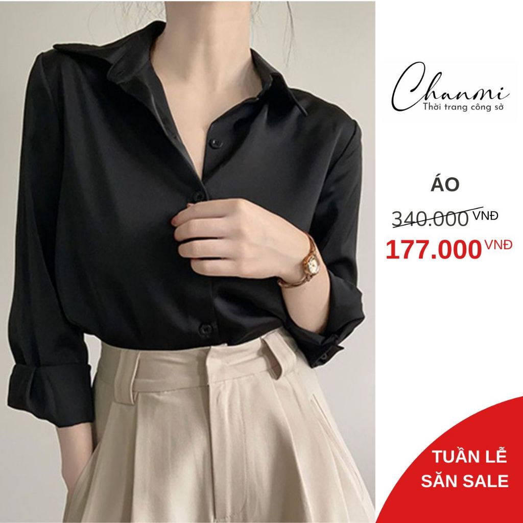 Áo sơ mi đen nữ tay dài basic dáng suông CHANMI A13, áo sơ mi nữ hàn quốc vải lụa mềm mát không nhăn