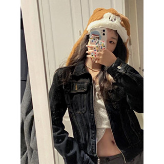 Áo khoác baby jacket denim màu đen dáng lửng phong cách Hàn Quốc thời trang nữ Famos