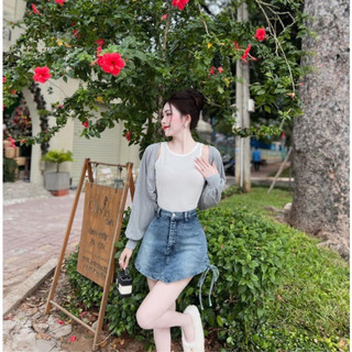 Set áo sát nách kèm khoác và chân váy jean siêu xinh sang chảnh