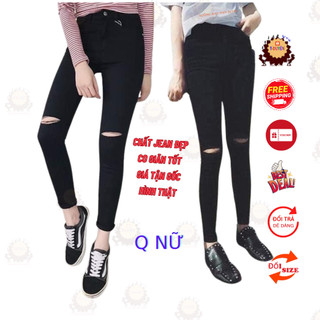 QUẦN JEAN NỮ RÁCH VÀ TRƠN MÀU ĐEN TÔN GIÁNG, Quần bò nữ rách ngang gối màu đen chất giãn có size đại