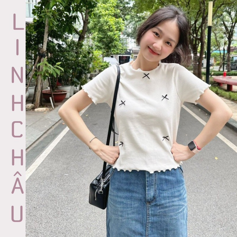 Áo croptop viền cuốn biên tay ngắn đính nơ basic
