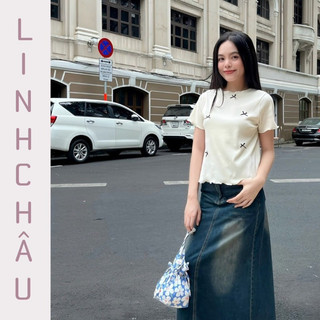Áo croptop viền cuốn biên tay ngắn đính nơ basic