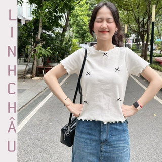 Áo croptop viền cuốn biên tay ngắn đính nơ basic
