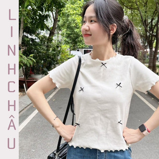 Áo croptop viền cuốn biên tay ngắn đính nơ basic