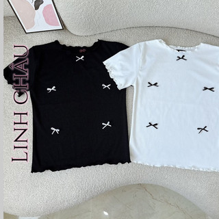 Áo croptop viền cuốn biên tay ngắn đính nơ basic