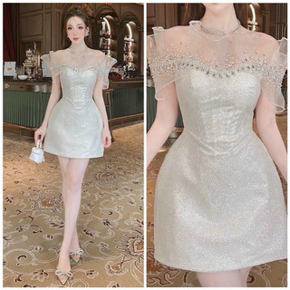 đầm kim tuyến đính đá bẹt vai dự tiệc kèm hinh thật