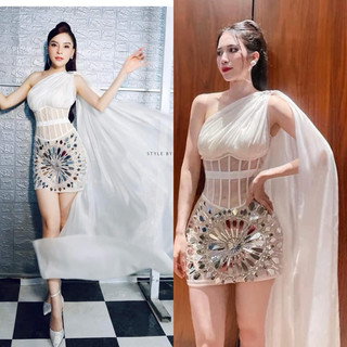 đầm body lệch vai đính đá gương phối tà rời dự tiệc