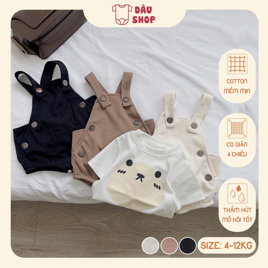 Set body yếm cho bé gái, bé trai sơ sinh, yếm kèm áo in hình gấu đáng yêu, chất cotton mềm mại, size 4-12kg. Dâu Shop