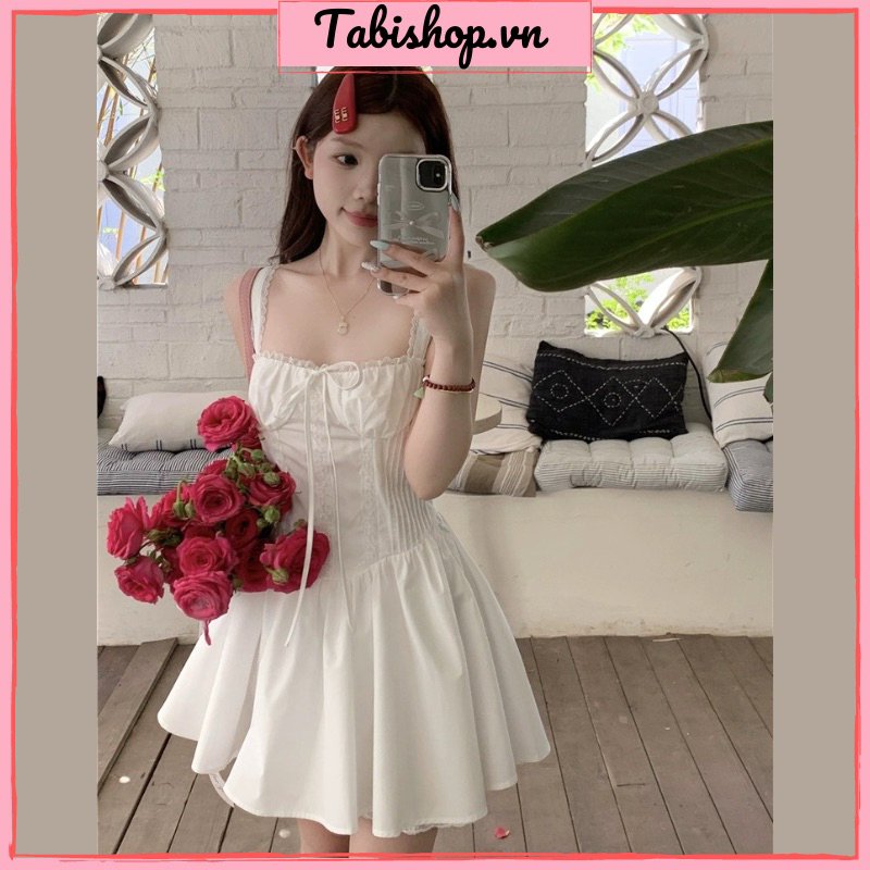 Đầm nữ 2 dây phối ren TABISHOP Váy xoè công chúa babydoll màu trắng đi dự tiệc chụp kỷ yếu đi chơi siêu xinh