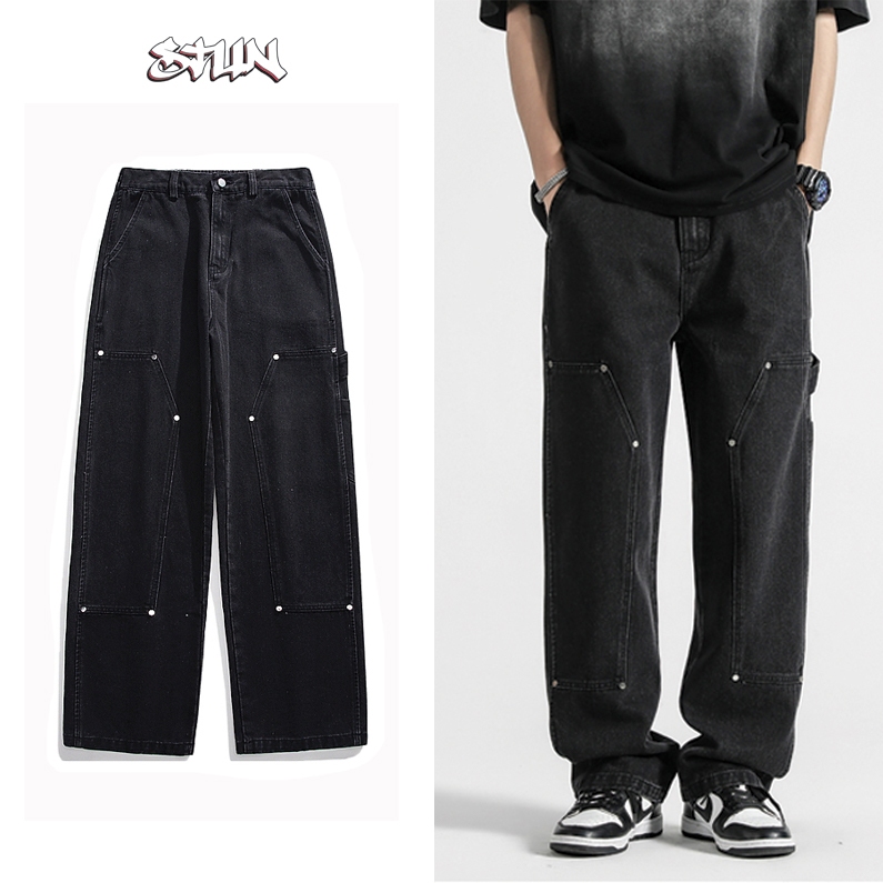 Quần Double Knee  Nam Nữ Stun Clothing Ống Rộng Suông Chất Jean Phong Cách Hiphop Workwear Vintage