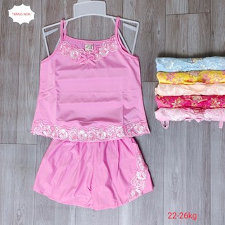 (22kg – 26kg) Đồ bộ bé gái mặc nhà vải thun lạnh mát mẻ, kiểu hai dây. Bộ quần áo trẻ em cho bé gái (màu ren ngẫu nhiên)