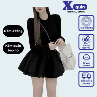 Đầm ngắn dáng xoè tay dài ôm body phối tùng cổ tròn phong cách tiểu thư kèm quần bảo hộ Xquin