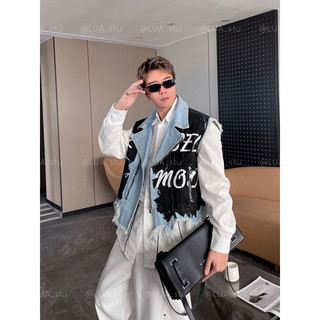 LUAstu Áo gile denim nam UNISEX in chữ cá tính ULZZANG Áo gile mix màu HOT FASHIONITA 2024