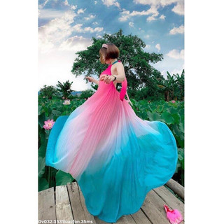 gv032.27520-Đầm maxi loang hồng cổ yếm. Chất liệu: lụa chiffon lót có đệm, lưng chun