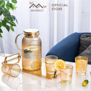 Bình thuỷ tinh kèm 6 cốc để bàn phòng khách sang trọng lịch sự, bộ bình thuỷ tinh vàng sọc