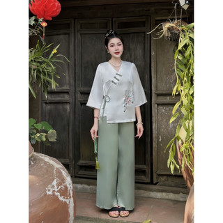 Đồ lam đi chùa, bộ phật tử lễ chùa lụa buộc eo cài khuy tết thêu quạt