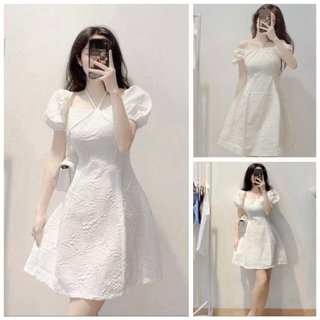 Váy Cổ Yếm, Đầm Trắng Chất Xốp  In Hoa 2 Kiểu Dáng Xoè, Tay Bồng Màu Trắng Phong Cách Hàn Quốc
