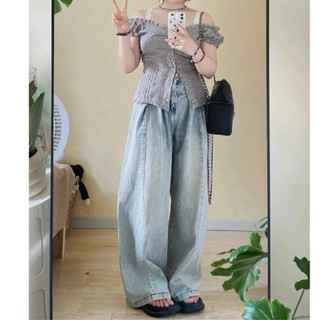 Quần jean nữ Bigsize ống rộng màu nhạt 2024