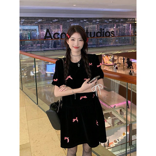 LIAMORDER| Váy đầm nhung babydoll gắn nơ dáng rộng chữ A, bigsize