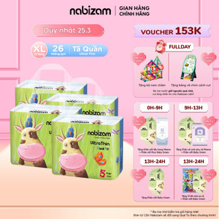 COMBO 4 Tã/Bỉm Quần NABIZAM UltraThin Công Nghệ Thấm Hút Từ Hàn Quốc, Mỏng Nhẹ Và Chống Tràn Size XL /từ 12kg/26 miếng