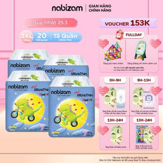 COMBO 4 Tã/Bỉm Quần Nabizam Ultra Thin Nội Địa Hàn Siêu Mỏng Nhẹ, Rãnh Chống Tràn Linh Hoạt Size 3XL20 Cho Bé Từ 20-25kg