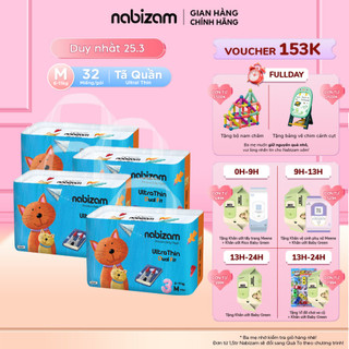 Combo 4 Tã/Bỉm Quần Nabizam UltraThin Nội Địa Hàn Cao Cấp Mỏng Vượt Trội, Thấm Hút, Chống Tràn M/6-11kg/32 Miếng/Bịch