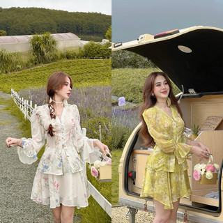 SET TƠ HOA KÈM DÂY CỔ (màu Be/Xanh - size S) - kèm ảnh thật cận chất