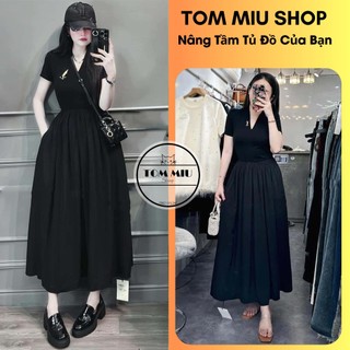 Đầm maxi zip đen pha thô dáng xòe cổ tim tay ngắn TOMMIU SHOP