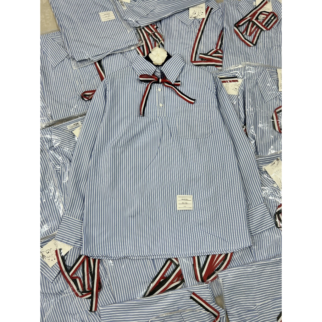 Áo Sơ Mi Unisex , Áo Sơ Mi From Rộng Họa Tiết Kẻ Sọc Thắt Nơ Cao Cấp | BigBuy360 - bigbuy360.vn
