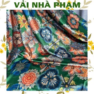 Vải phi lụa nâu họa tiết hoa nền xanh rêu-khổ 1.5m-vải nhà phạm