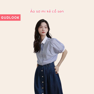 Áo Sơ Mi Nữ Cộc Phối Cổ Sen Trắng GUDLOOK Tay Bồng Kẻ Sọc Đen Xanh Trắng