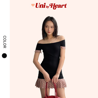 Đầm ôm body trễ vai Flane Dress VTV02 dáng ngắn, phối viền chân váy xếp ly - Uni By Heart