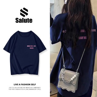 Salute Áo phông in chữ nổi nữ local brand unisex áo thun xanh navy form rộng tay ngắn ngầu Y0926