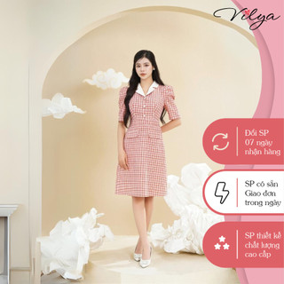 Đầm/váy nữ dáng chữ A VILYA thiết kế cổ bẻ ve vải tuyt kẻ đỏ trẻ trung nữ tính VD24-157 phù hợp đi tiệc đi dạo phố