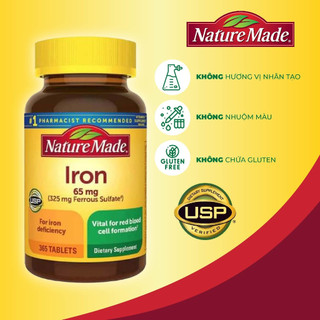 Sắt hữu cơ cho bà bầu Nature Made Iron 65mg giúp bổ sung sắt phòng ngừa thiếu máu hộp 365 viên của Mỹ