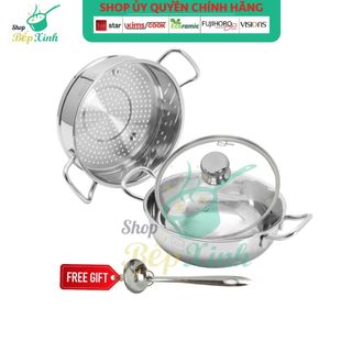 Bộ nồi lẩu xửng hấp inox 430 đa năng 3 đáy cao cấp FIVESTAR nắp kính 20cm | 24cm | 26cm | 28cm , tặng 1 vá canh