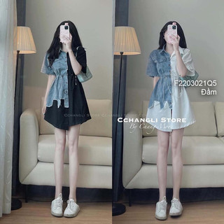 Đầm sơ mi nữ tay ngắn phối jean rút dây eo! TMT House