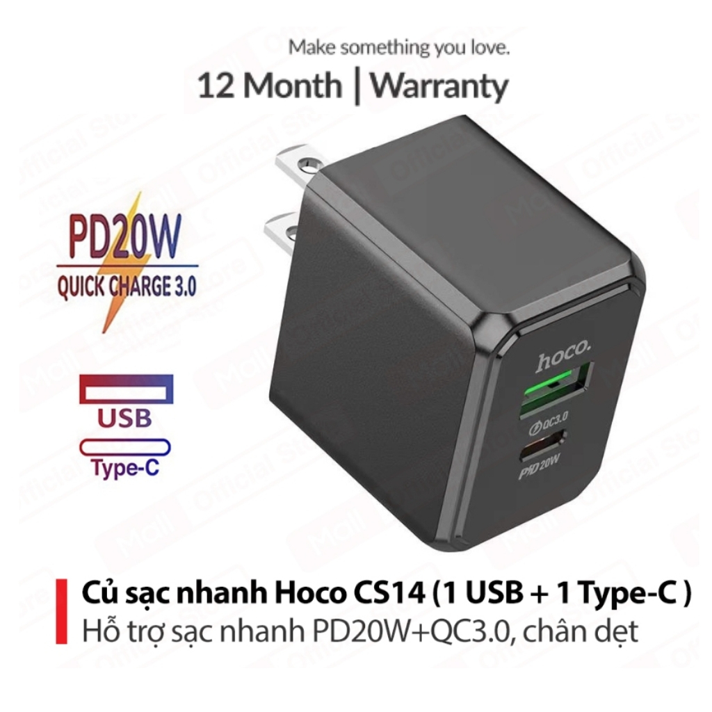 Củ Sạc Nhanh 2 Cổng Hoco CS14 OCEAN PD20W+QC3.0(Mỹ)