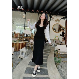 Set gân gồm đầm 2 dây viền mix áo khoắc trắng xinh