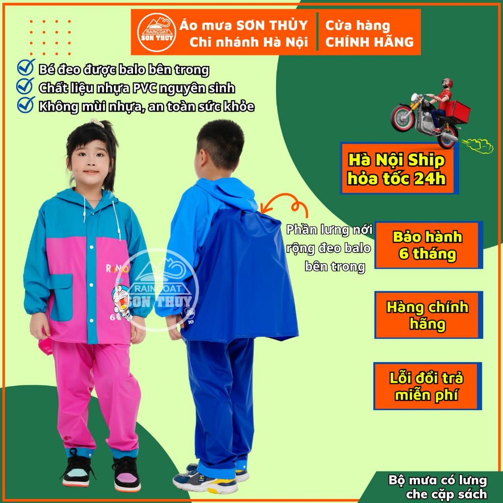 Áo mưa bộ cho bé đi học đeo balo - Bộ áo mưa trẻ em Sơn Thủy - Áo mưa bộ bé trai bé gái đi học đeo cặp sách