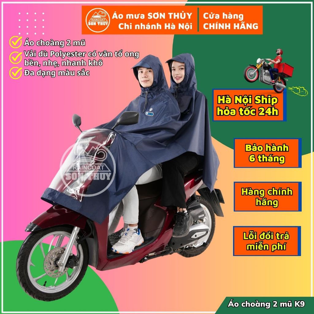  Áo mua 2 đầu K9 Sơn Thủy vải dù sợi Polyeste- Áo mưa 2 mũ to rộng phù hợp cho cả nam và nữ. mã K9 