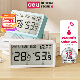  Nhiệt ẩm kế nhiệt kế phòng Deli đồng hồ xem giờ có báo thức đo nhiệt độ,độ ẩm phòng ngủ cho bé chính xác
