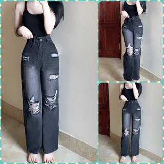   ORDM3767 QUẦN JEANS ỐNG RỘNG NỮ LƯNG CAO RÁCH 2 MẢNG GỐI VUÔNG TO KÈM 2 MẢNG NHỎ MÀU XÁM ĐẬM LAI CUỐN CỰC NGẦU HOT HIT 